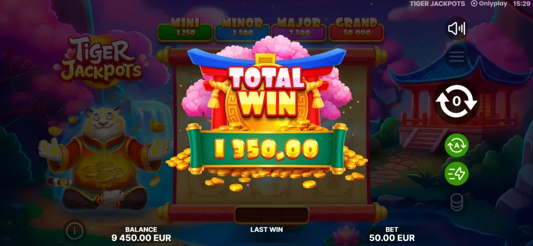 Tiger Jackpots total win screen